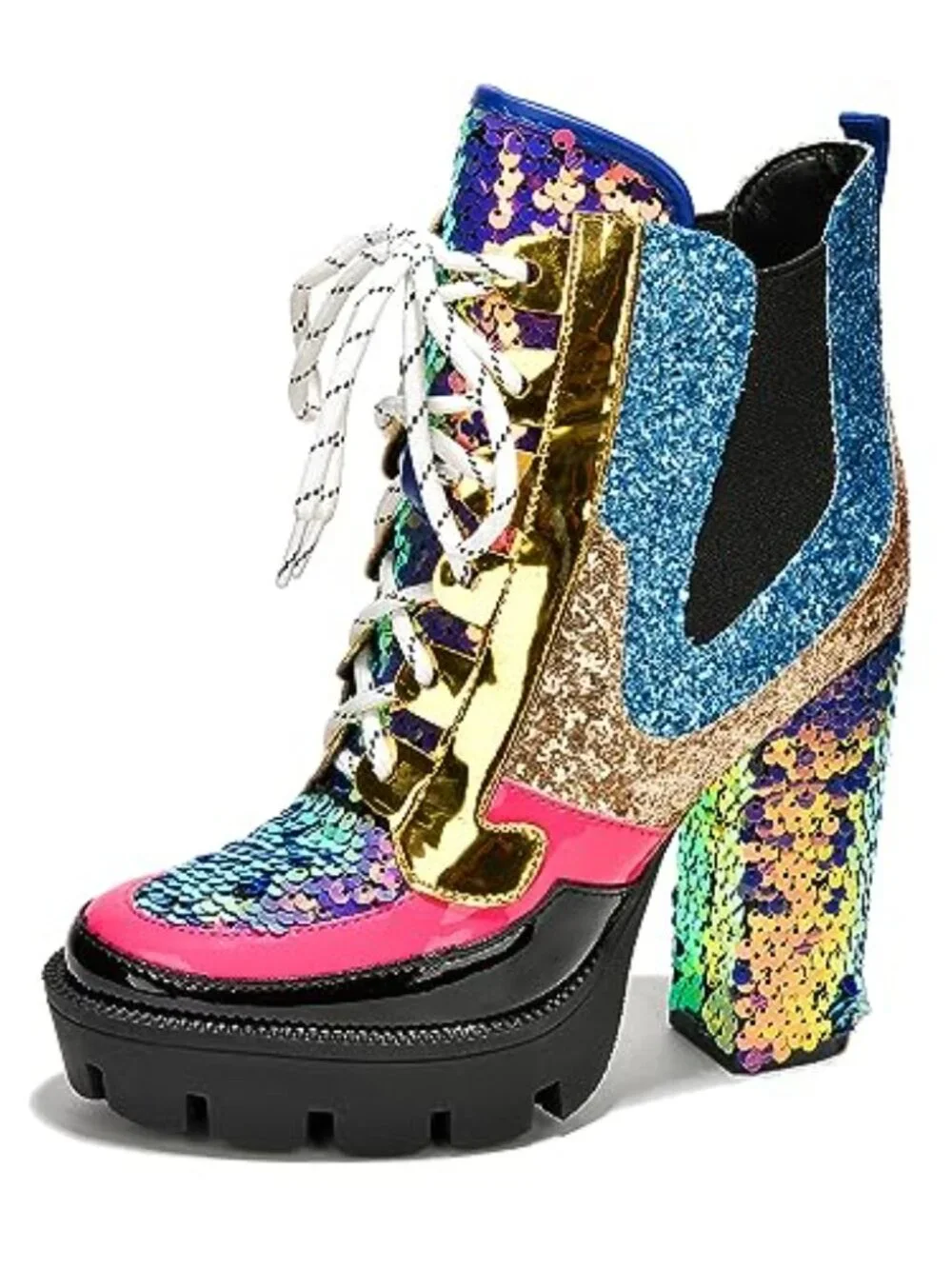 Sparkly Sequin Platform Chelsea Boots with Chunky Block Heels for Women